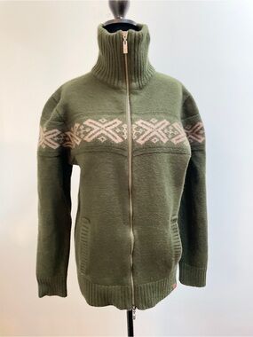 Neve 100% Merino Wool Nordic Zip Cardigan Sweater XL Olive Green